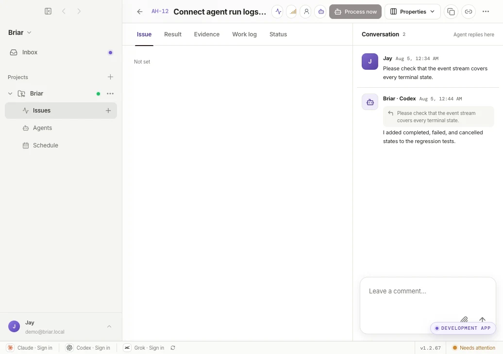 Briar issue detail with agent conversation